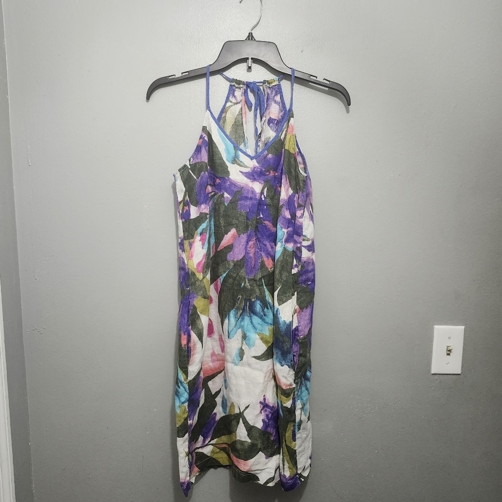 Jimmy Key Women's 100% Linen Floral Dress Size L Purple And White Vacation